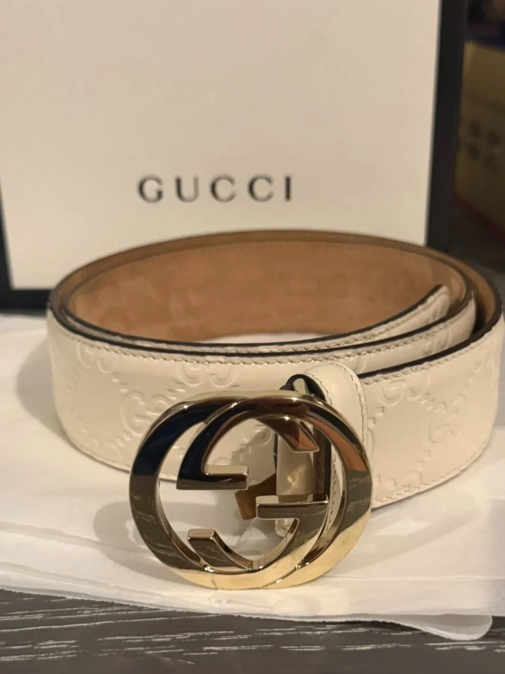 Authentic Gucci Guccissima White Leather Interlocking GG Belt Size 80/32 – 37054